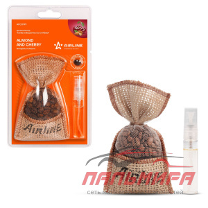 ОСВЕЖИТЕЛЬ НА ЗЕРКАЛО (МЕШОЧЕК С КОФЕ) "AIRLINE" МИНДАЛЬ И ВИШНЯ (СО СПРЕЕМ)