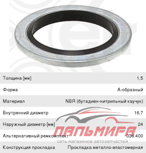 Кольцо уплотнительное сливной пробки Renault 16.7x24x1.5 (77 00 266 044) Elring