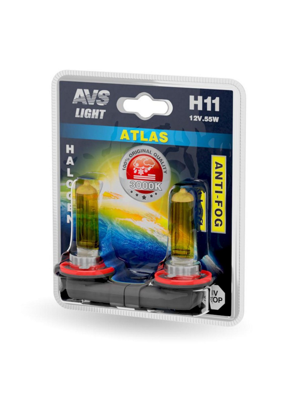 ЛАМПА H11 12V 55W "AVS" ATLAS (ANTI-FOG/ЖЕЛТЫЙ) (2 ШТ.)