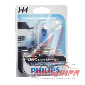 (!!!) ЛАМПА H4 12V 60/55W P43t-38 "PHILIPS" CRISTAL VISION 4300K