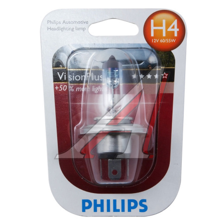 ЛАМПА H4 12V 60/55W "PHILIPS" VISION PLUS +60% (БЛИСТЕР)