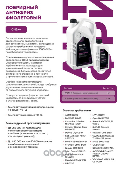 Антифриз готов к применению G12++ (фиолетовый, SUPER LONG LIFE COOLANT -40C) 5кг AFLR005