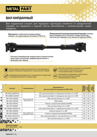 ВАЛ КАРДАННЫЙ ЗАДНИЙ УАЗ-469 4-СТ. КПП, МОСТ ТИМКЕН "METALPART" L=931 ММ