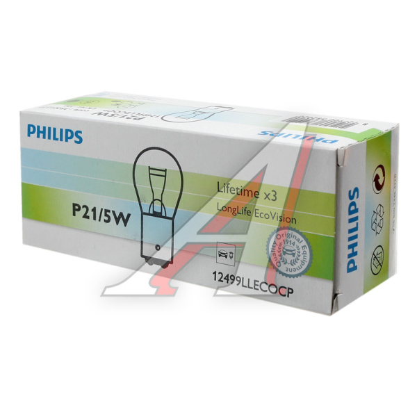ЛАМПА P21/5W (BA15d) 12V "PHILIPS" двухконтактная цокольная без смещения LongLife Ec