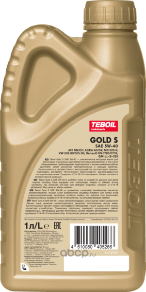 МАСЛО МОТОРНОЕ "TEBOIL" GOLD S 5W/40 SN/CF, A3/B4 (1Л, СИНТ)