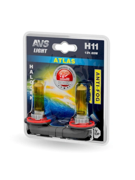 ЛАМПА H11 12V 55W "AVS" ATLAS (ANTI-FOG/ЖЕЛТЫЙ) (2 ШТ.)