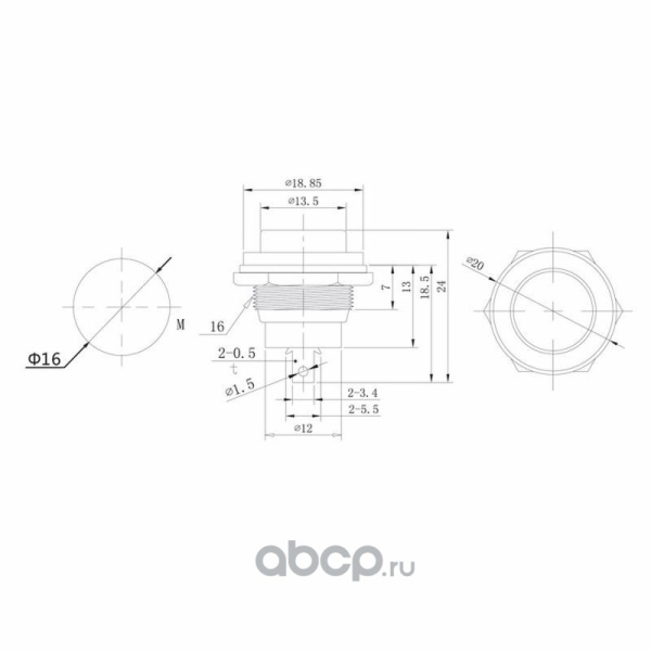 Выключатель-кнопка металл 250V 2А (2с) OFF-(ON) Ø16.2 красная (RWD-306) REXANT