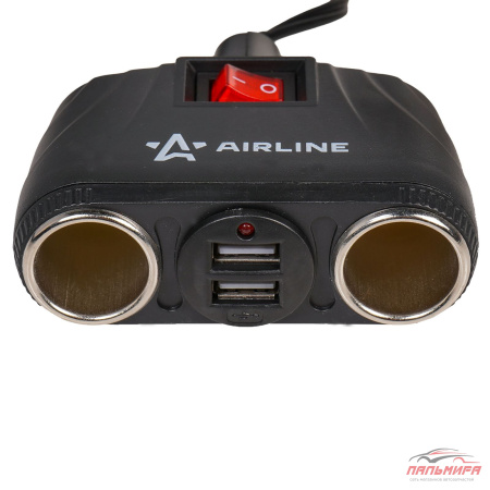 ВИЛКА В ПРИКУРИВАТЕЛЬ "AIRLINE"  (2 ГНЕЗДА+2USB) ВИТОЙ ШНУР