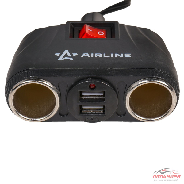 ВИЛКА В ПРИКУРИВАТЕЛЬ "AIRLINE"  (2 ГНЕЗДА+2USB) ВИТОЙ ШНУР