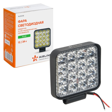 ФАРА СВЕТОДИОДНАЯ "AIRLINE" 83х83х22 ММ 16W 12/24V (16 LED, РАССЕЯННЫЙ СВЕТ, КВАДРАТНАЯ)